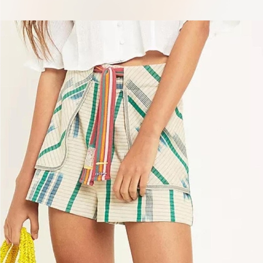 Kimchi Blue High Waist Striped Shorts - Cream, Green, Blue
